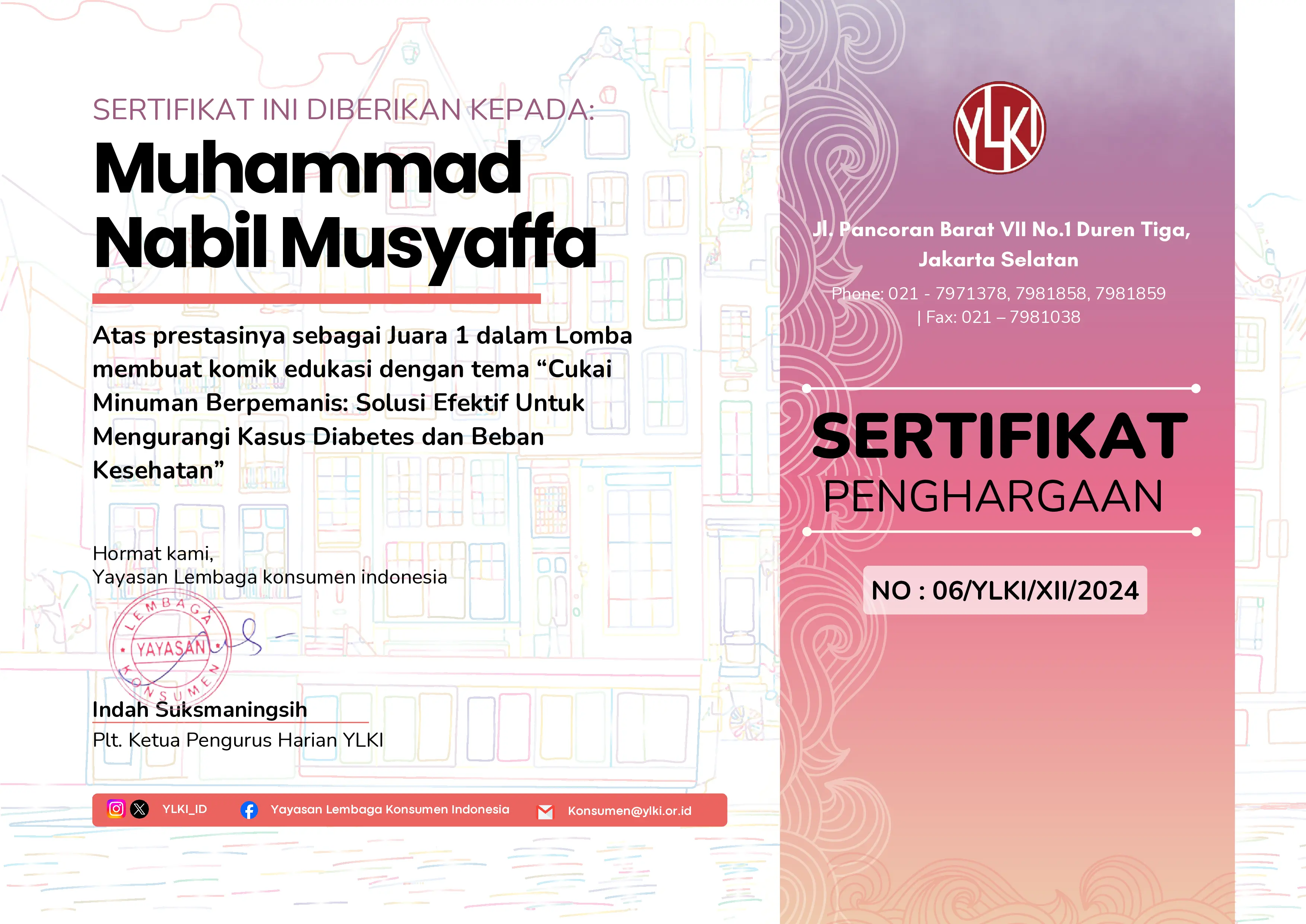 Sertifikat Juara 1 Membuat Komik